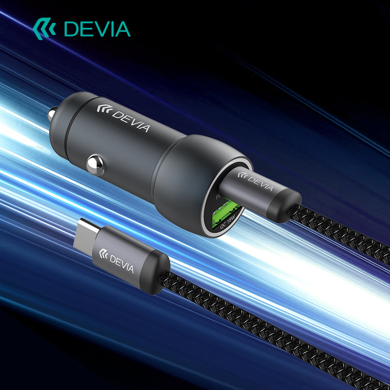 Devia Extreme Speed Series PD30W+QC3.0 18W Metal Full Compatible Fast Car Charger Set With C-C Cable Black