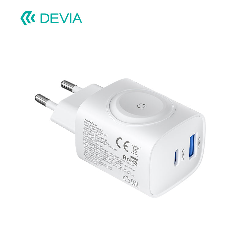 Devia Chargeur sans fil Ultra1 22W PD+QC+Watch 2 en 1 avec Adaptateur Secteur (EU) Blanc