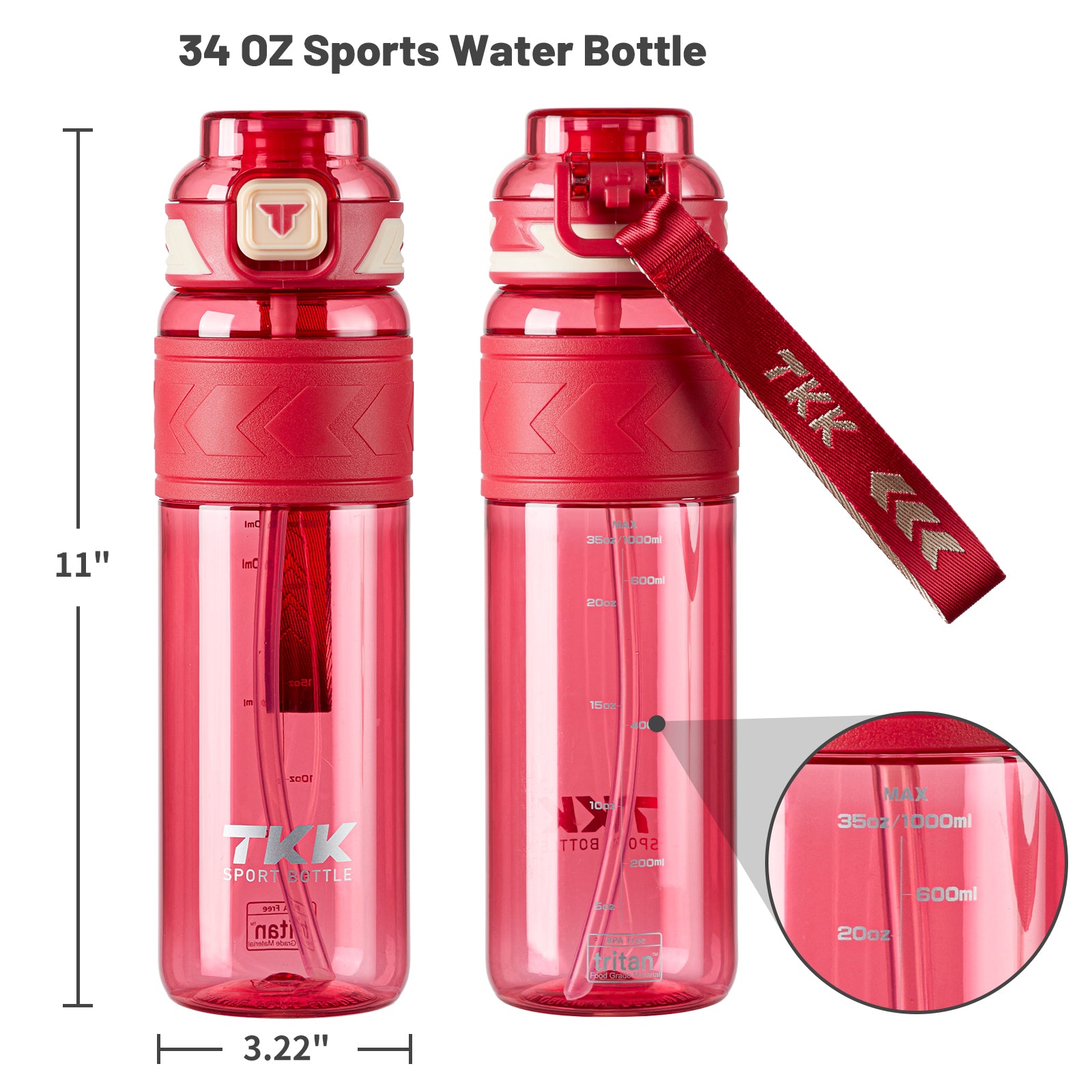 TKK Tritan Sports Water Bottle with Removable Straw and Leak-proof Lid, BPA Free