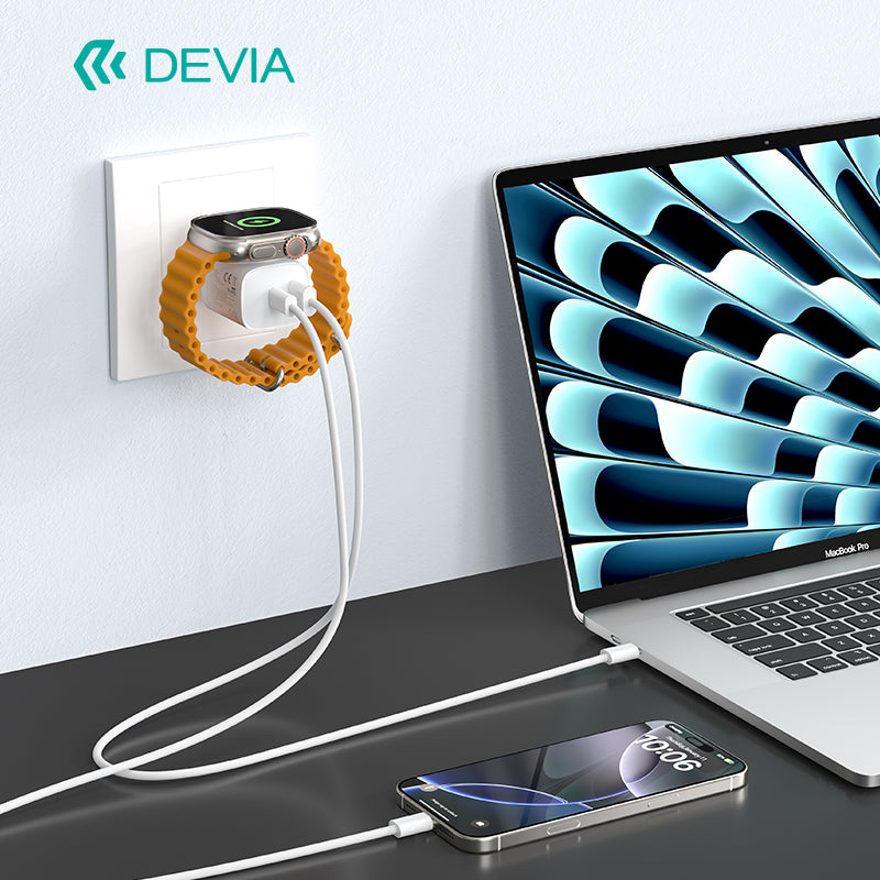 Devia Chargeur sans fil Ultra1 22W PD+QC+Watch 2 en 1 avec Adaptateur Secteur (EU) Blanc