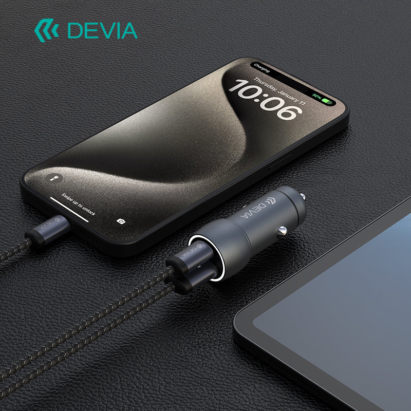 Devia Extreme Speed Series PD30W+QC3.0 18W Metal Full Compatible Fast Car Charger Set With C-C Cable Black