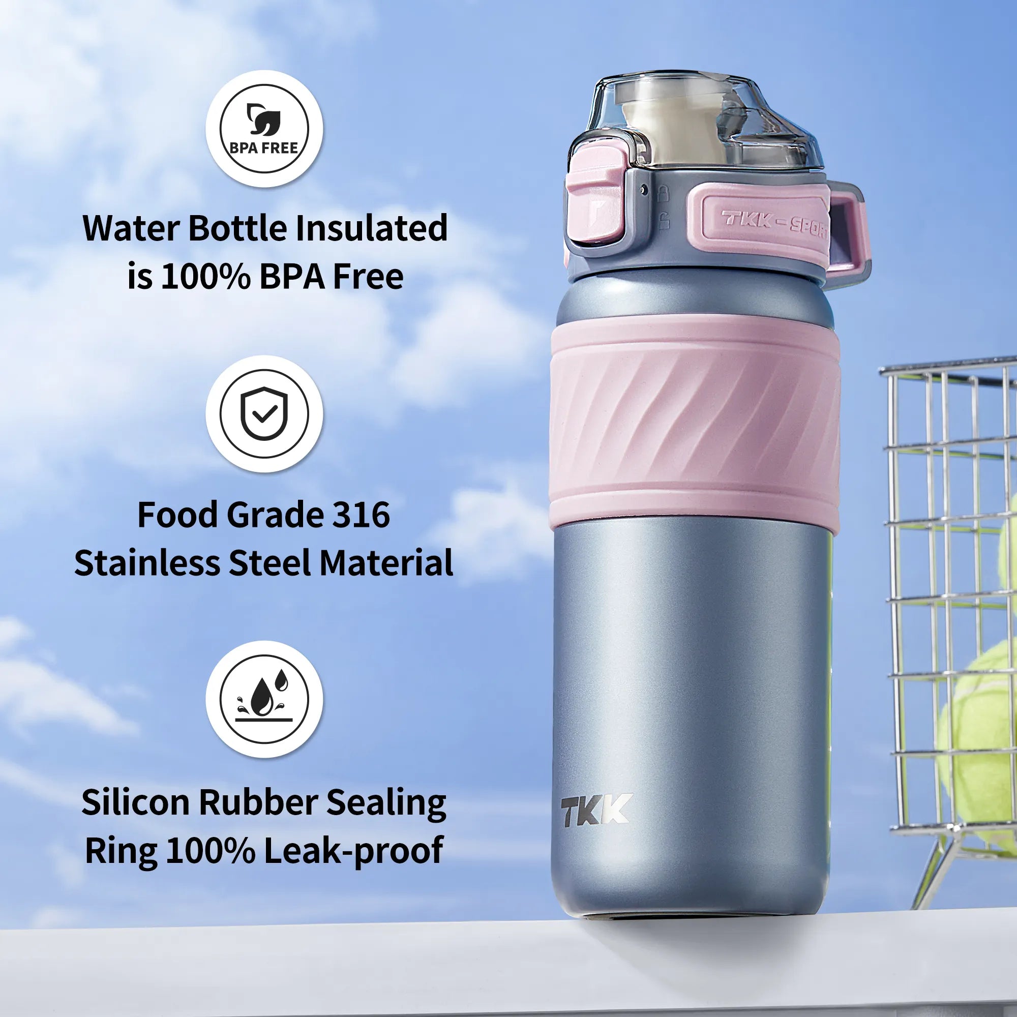 TKK 500ML Insulated Waterr Bottle with Straw, Double Wall Leak-Proof Thermos Vacuum Reusable Stainless Steel Tumbler