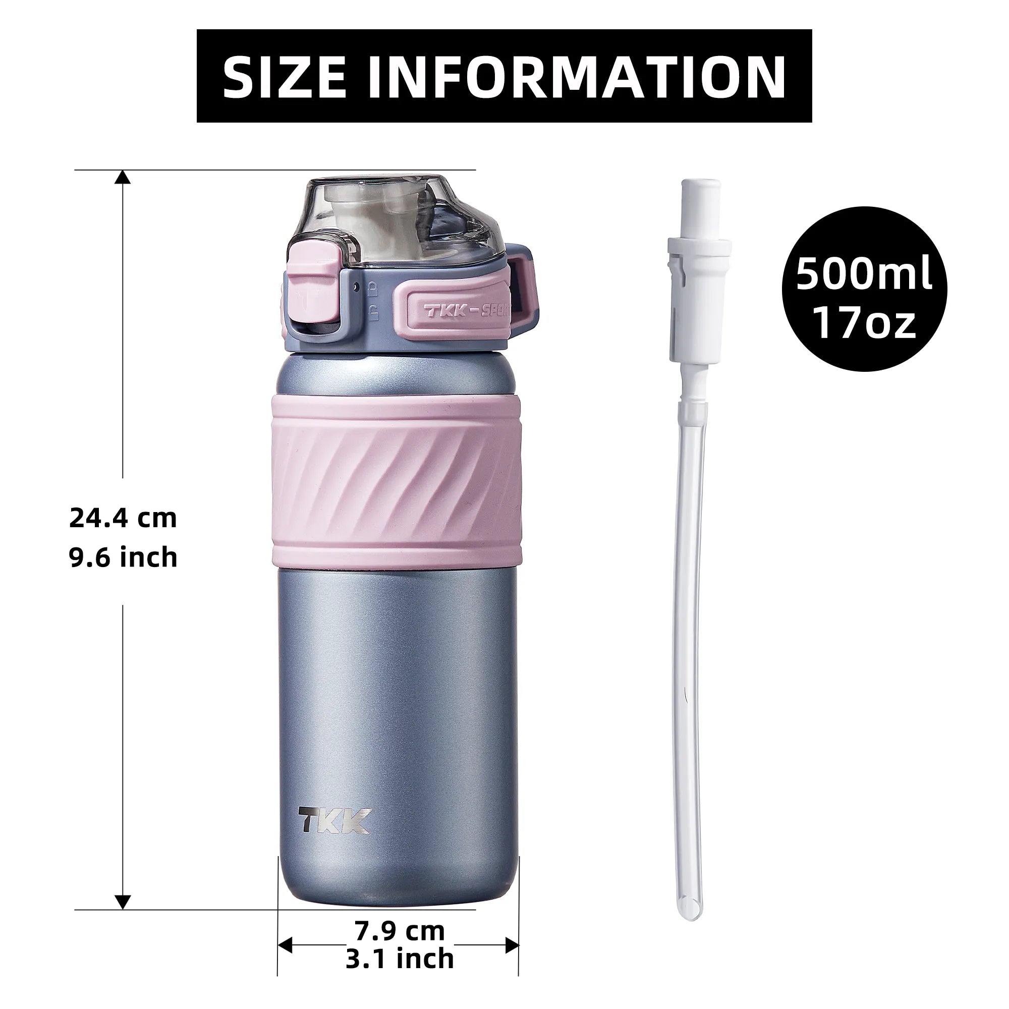 TKK 500ML Insulated Waterr Bottle with Straw, Double Wall Leak-Proof Thermos Vacuum Reusable Stainless Steel Tumbler