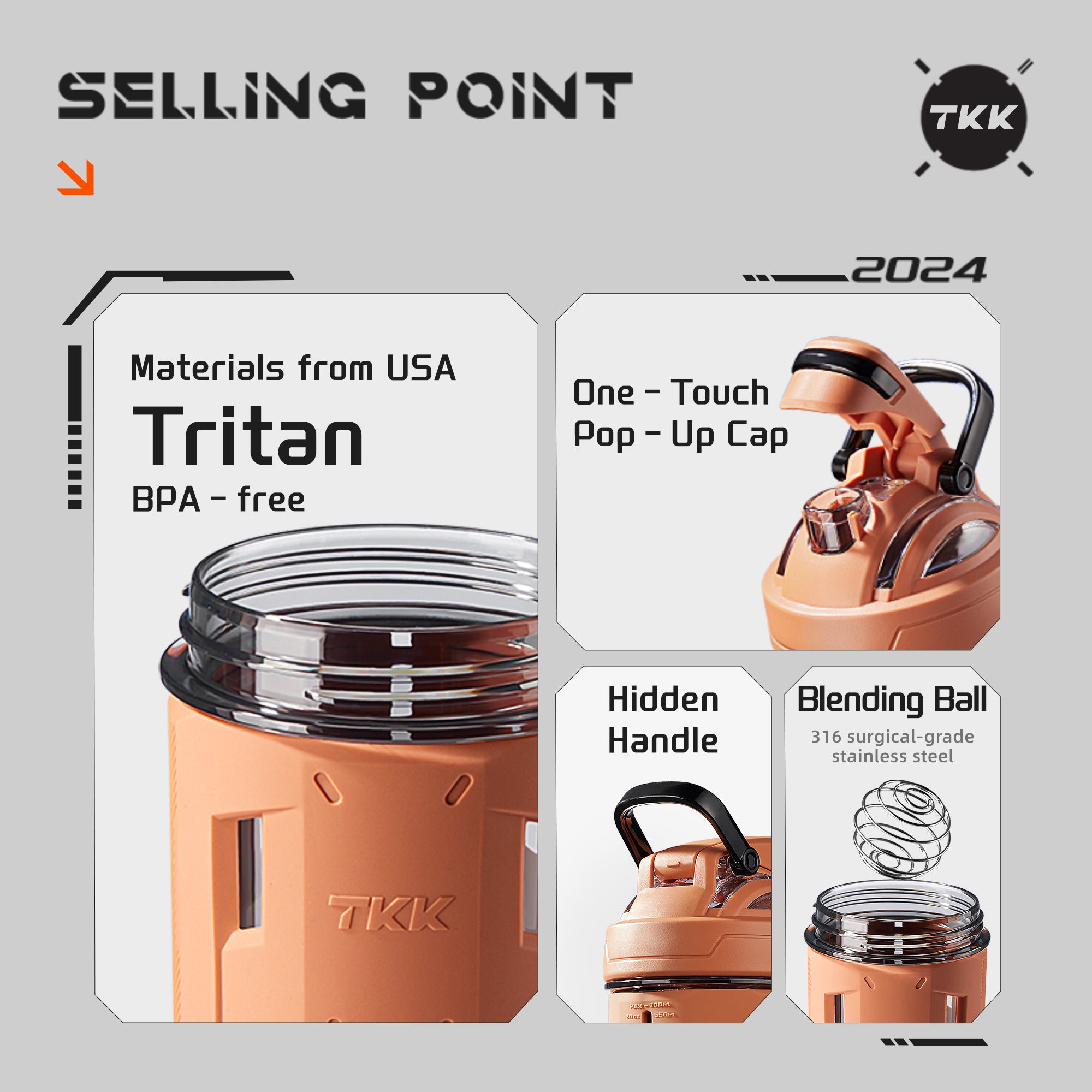 TKK 700ml Protein Shaker, Tritan Bottle, BPA Free 24 Ounce With Blending Ball