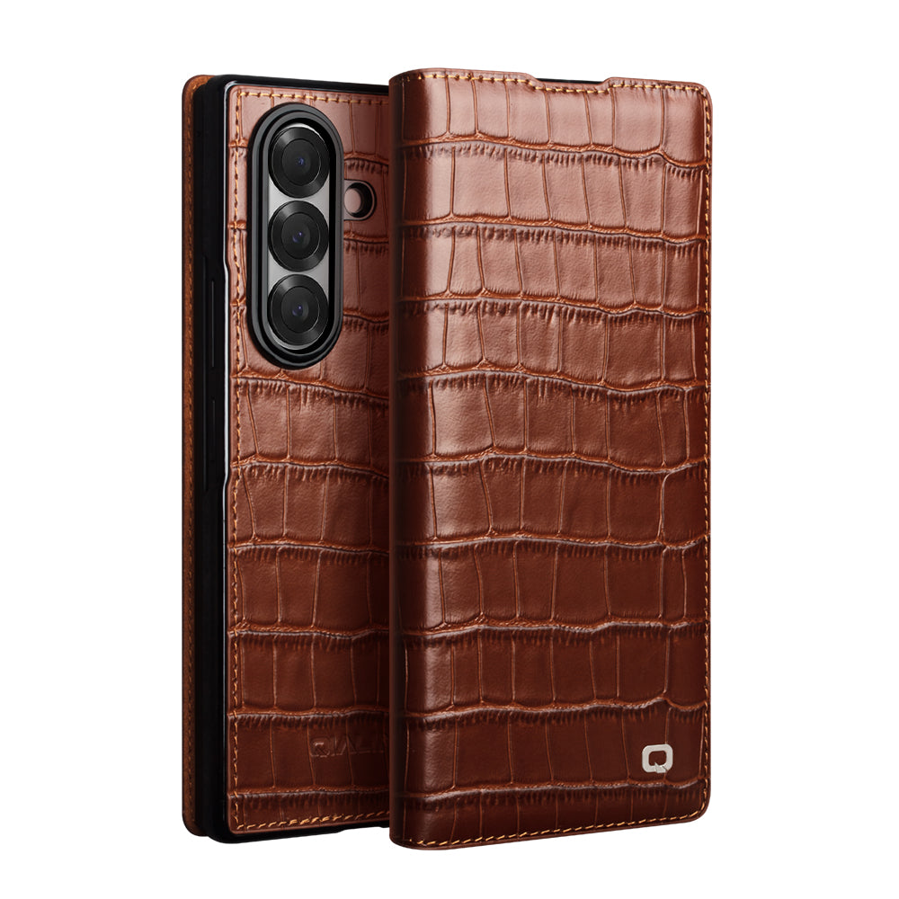 QIALINO Premium Custom Handmade Genuine Leather Alligator Grain Flip Case Brown for Samsung Galaxy Z Fold7