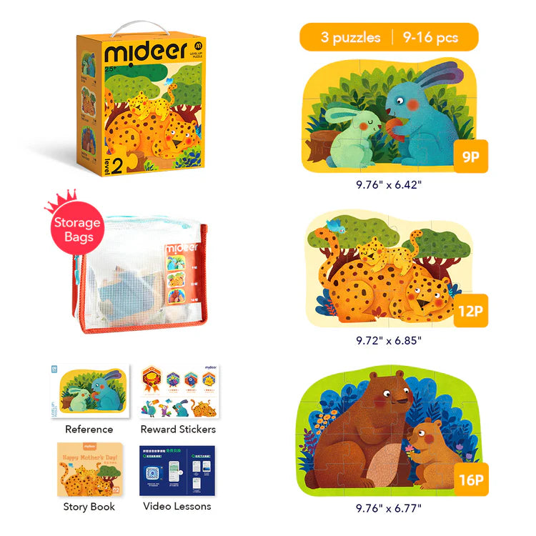 Mideer Level Up! Puzzles with Storage Bag - Level 2: Animal Families 9P-16P