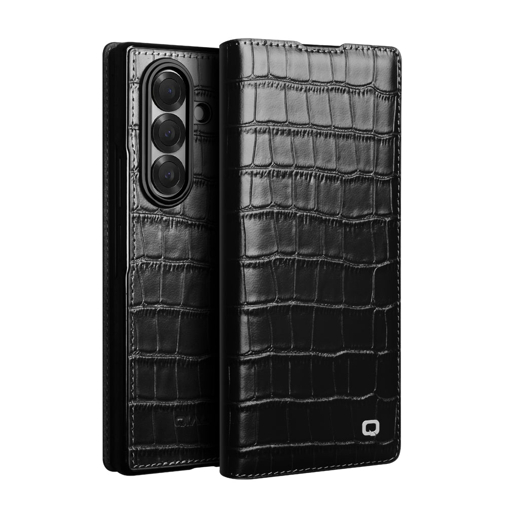 QIALINO Premium Custom Handmade Genuine Leather Alligator Grain Flip Case Black for Samsung Galaxy Z Fold7