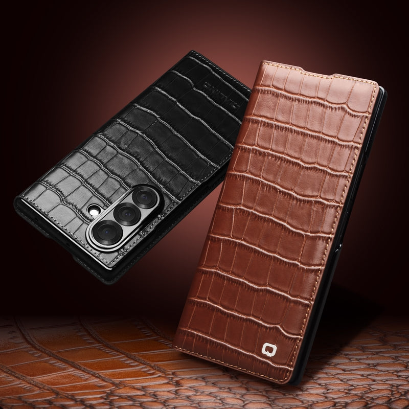 QIALINO Premium Custom Handmade Genuine Leather Alligator Grain Flip Case Brown for Samsung Galaxy Z Fold7