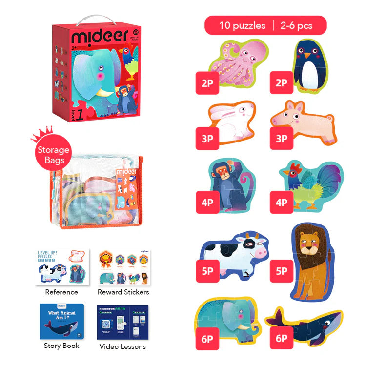 Mideer Level Up! Puzzles with Storage Bag - Level 1: Animals 2P-6P