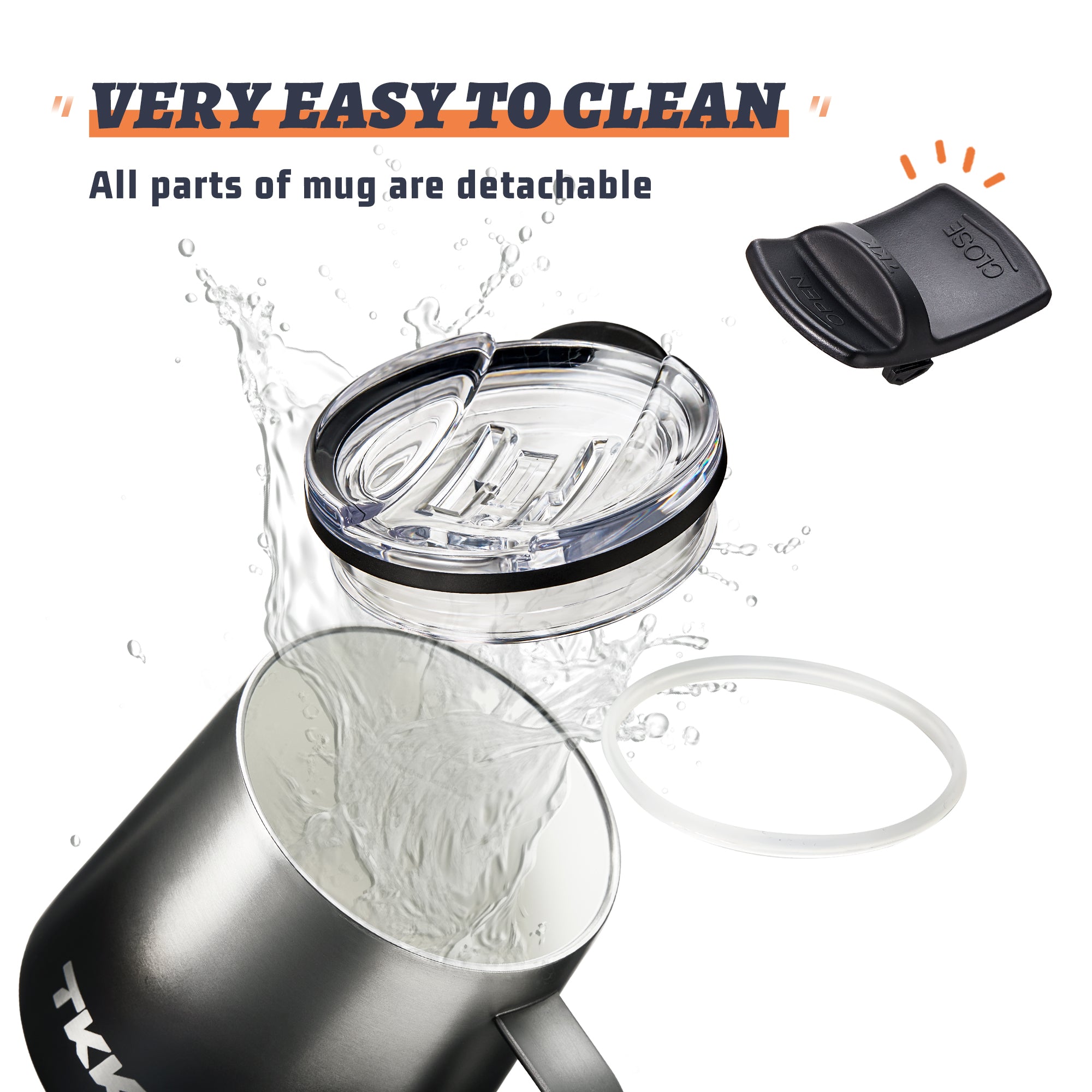 TKK 350ml Insulated Premium Coffee Mug with Ceramic Handle Coating, Detachable Slider Lid, Inner Liner Mug with Lid 316 Stainless Steel