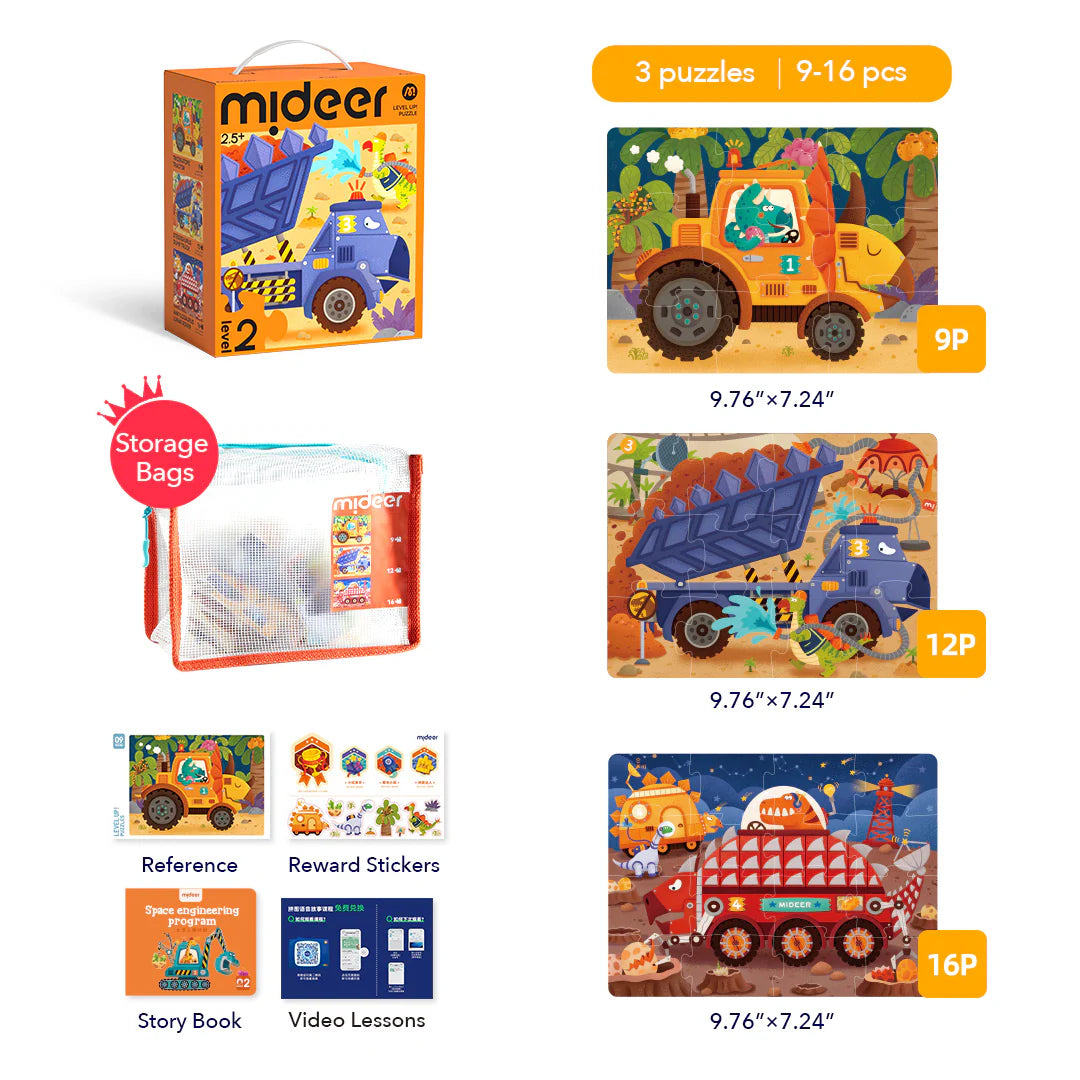 Mideer Level Up! Puzzles with Storage Bag - Level 2: Dinosaur Projects 9P-16P
