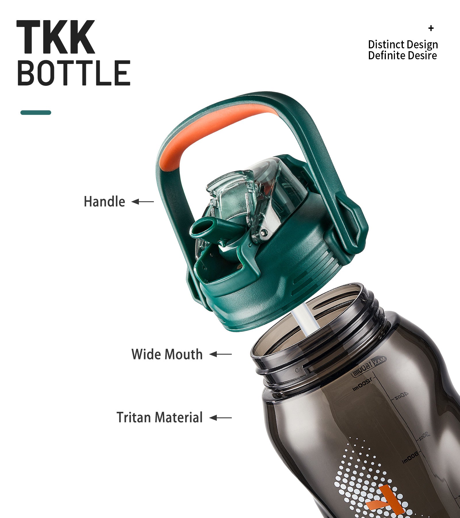 TKK Tritan 68oz Half Gallon 2000ml Water Bottle with Handle & Removable Straw, Leak-Proof, BPA Free