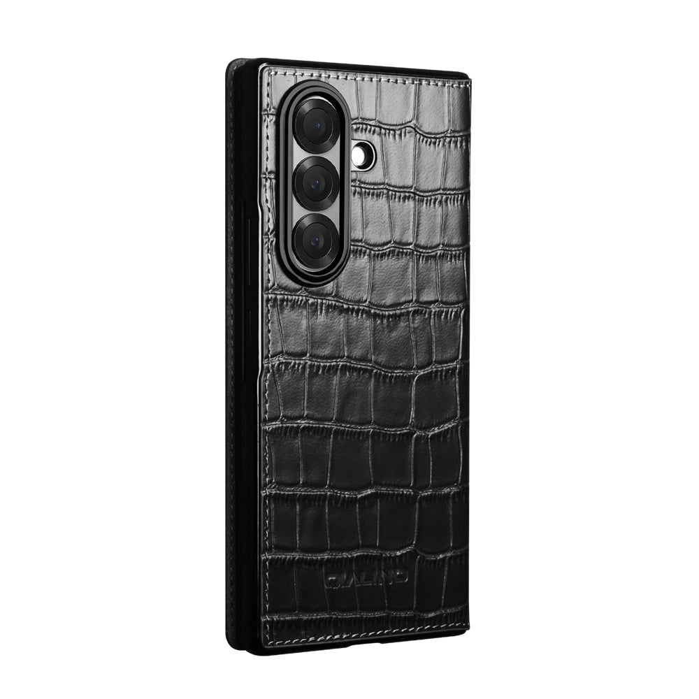 QIALINO Premium Custom Handmade Genuine Leather Alligator Grain Flip Case Black for Samsung Galaxy Z Fold7