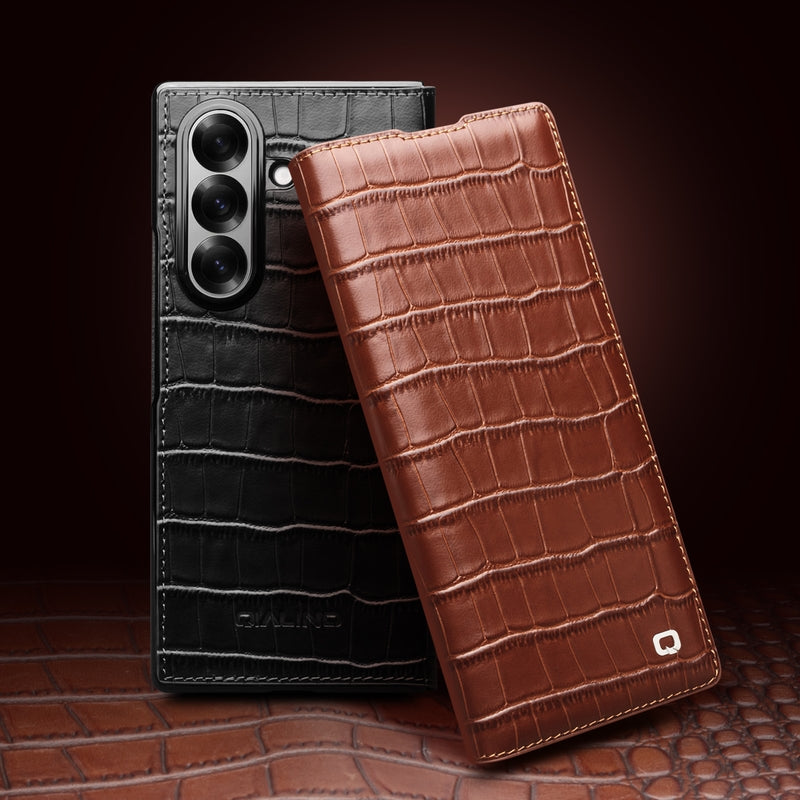 QIALINO Premium Custom Handmade Genuine Leather Alligator Grain Flip Case Brown for Samsung Galaxy Z Fold7