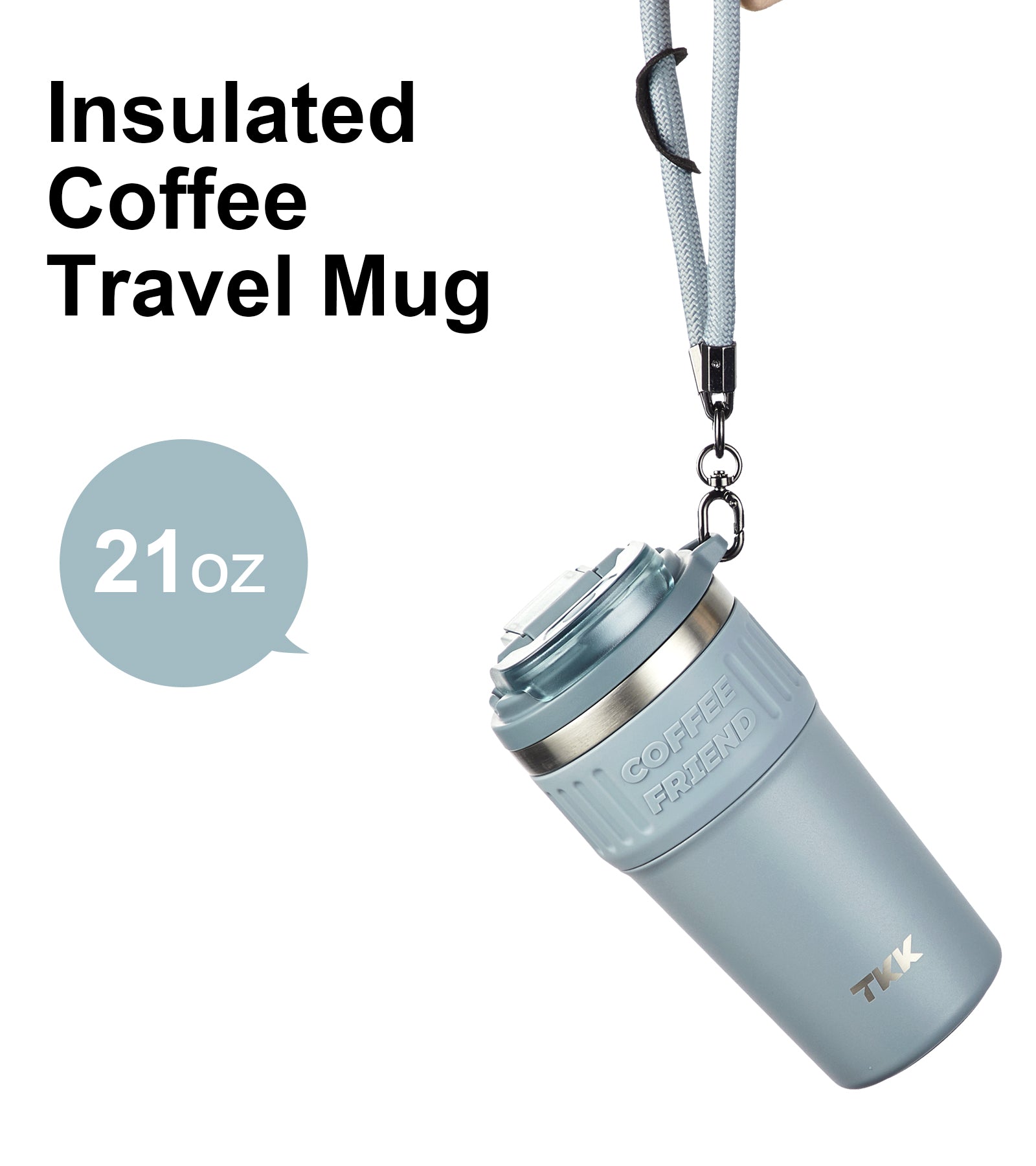 TKK Insulated Coffee Mug Ceramic Coating 21oz, 650ml with Strap for Hot and Iced Beverage