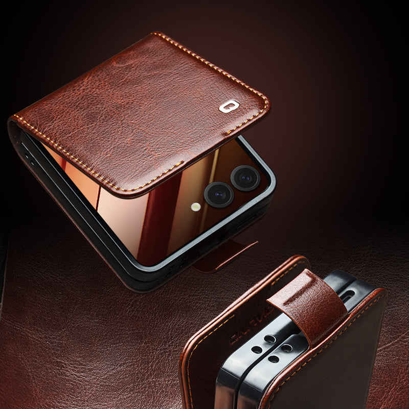 QIALINO Premium Custom Handmade Genuine Leather Fold Style Brown for Samsung Galaxy Z Flip7