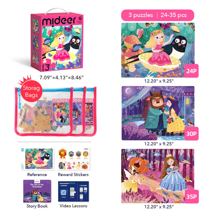 Mideer Level Up! Puzzles with Storage Bag - Level 3: Princesses 24P-35P