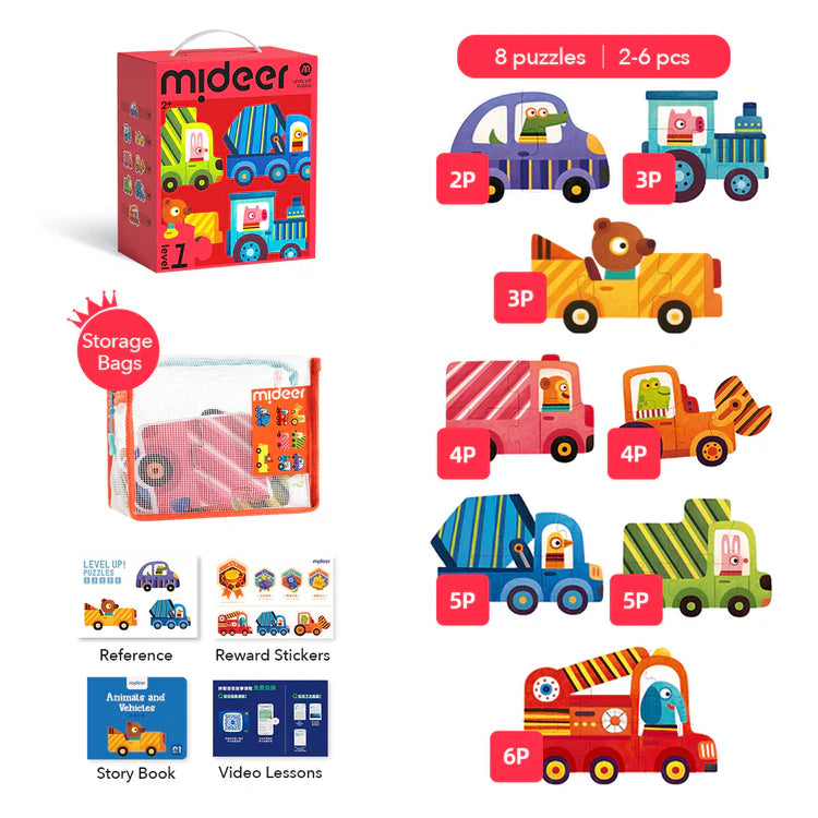 Mideer Level Up! Puzzles with Storage Bag - Level 1: Animals and Vehicles 2P-6P