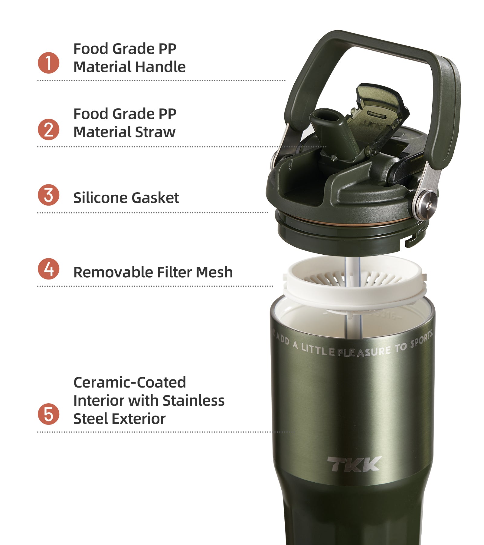 TKK Premium Leakproof Vaccum Bottle Ceramic Coated Tumbler with Straw Lid, 700ml Stainless Steel