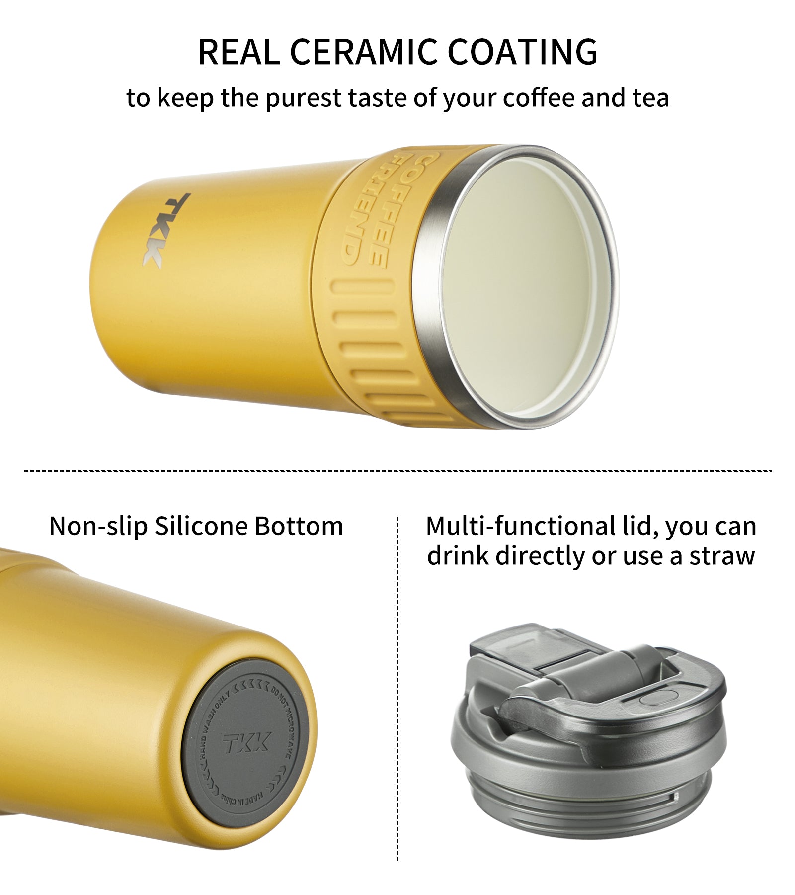 TKK Insulated Coffee Mug Ceramic Coating 21oz, 650ml with Strap for Hot and Iced Beverage