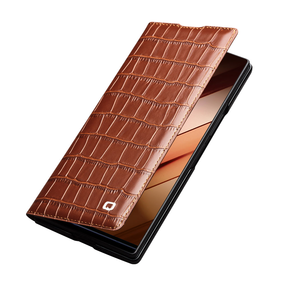 QIALINO Premium Custom Handmade Genuine Leather Alligator Grain Flip Case Brown for Samsung Galaxy Z Fold7