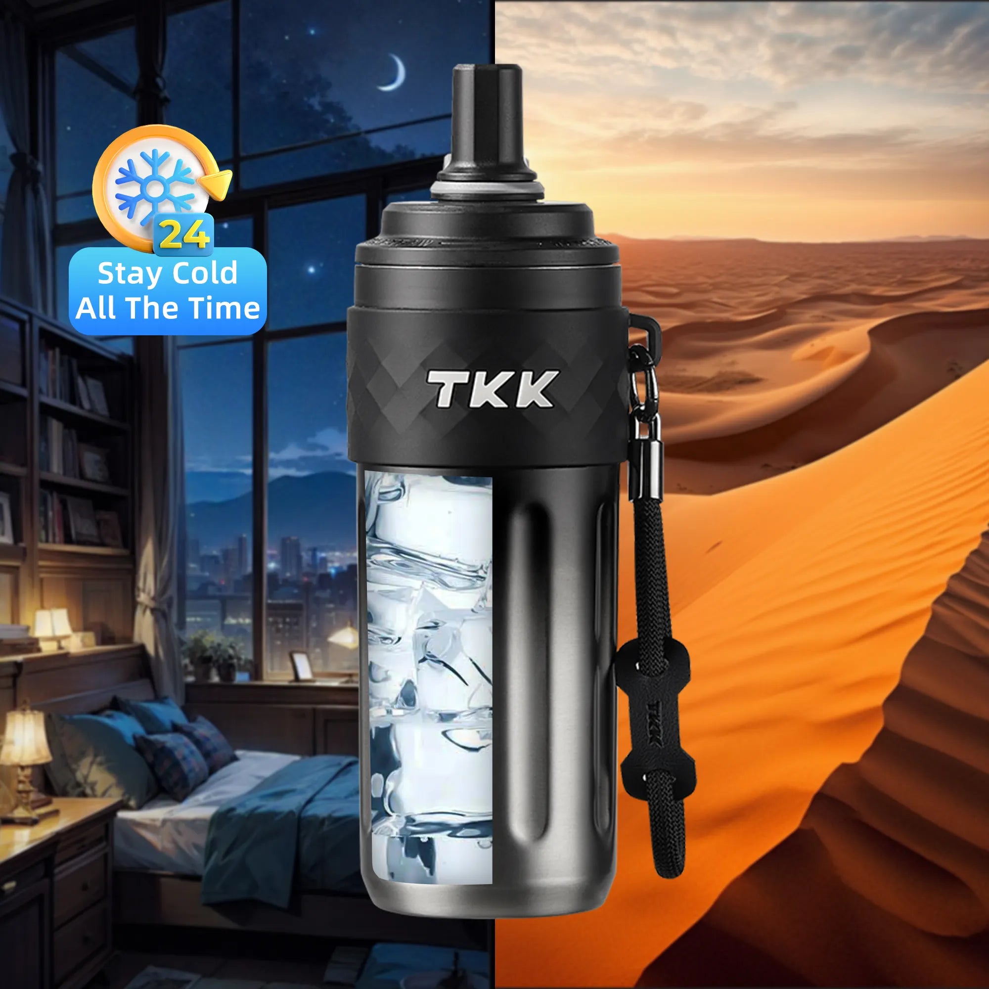 TKK 500ml Double Wall Insulated Portable GYM Water Bottles With Silicone Straw