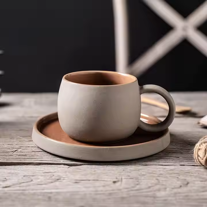 Set of 4 Mugs with Saucer, High Quality Ceramic Matte Glazed Coarse Pottery Style