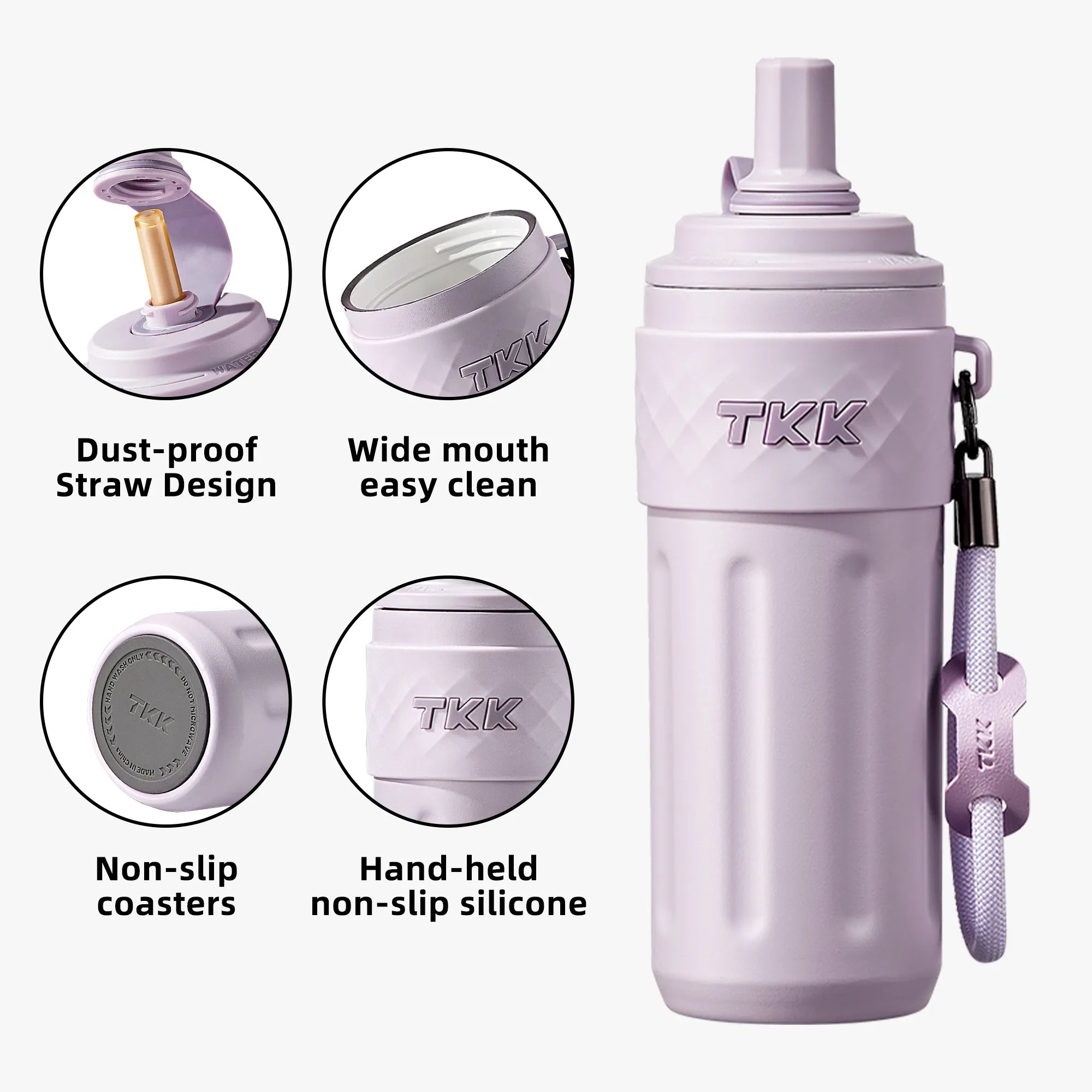 TKK 500ml Double Wall Insulated Portable GYM Water Bottles With Silicone Straw