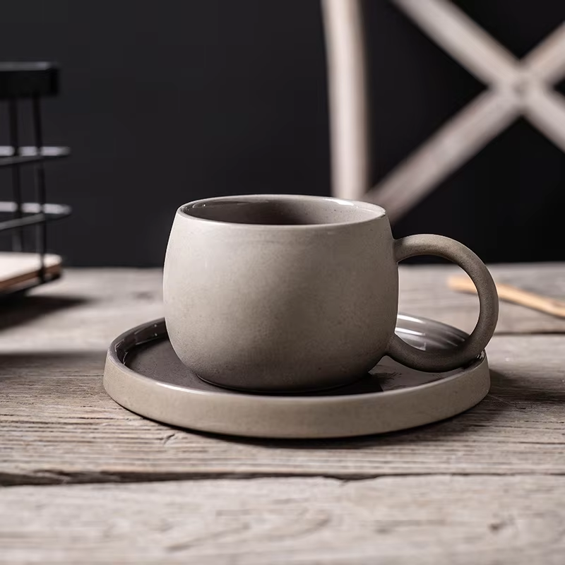 Set of 4 Mugs with Saucer, High Quality Ceramic Matte Glazed Coarse Pottery Style