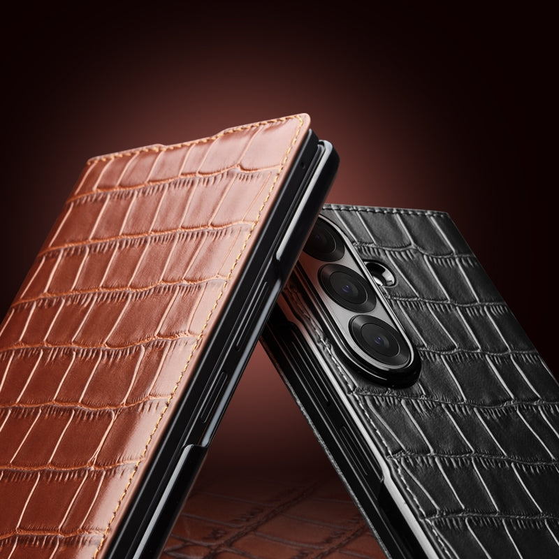 QIALINO Premium Custom Handmade Genuine Leather Alligator Grain Flip Case Black for Samsung Galaxy Z Fold7
