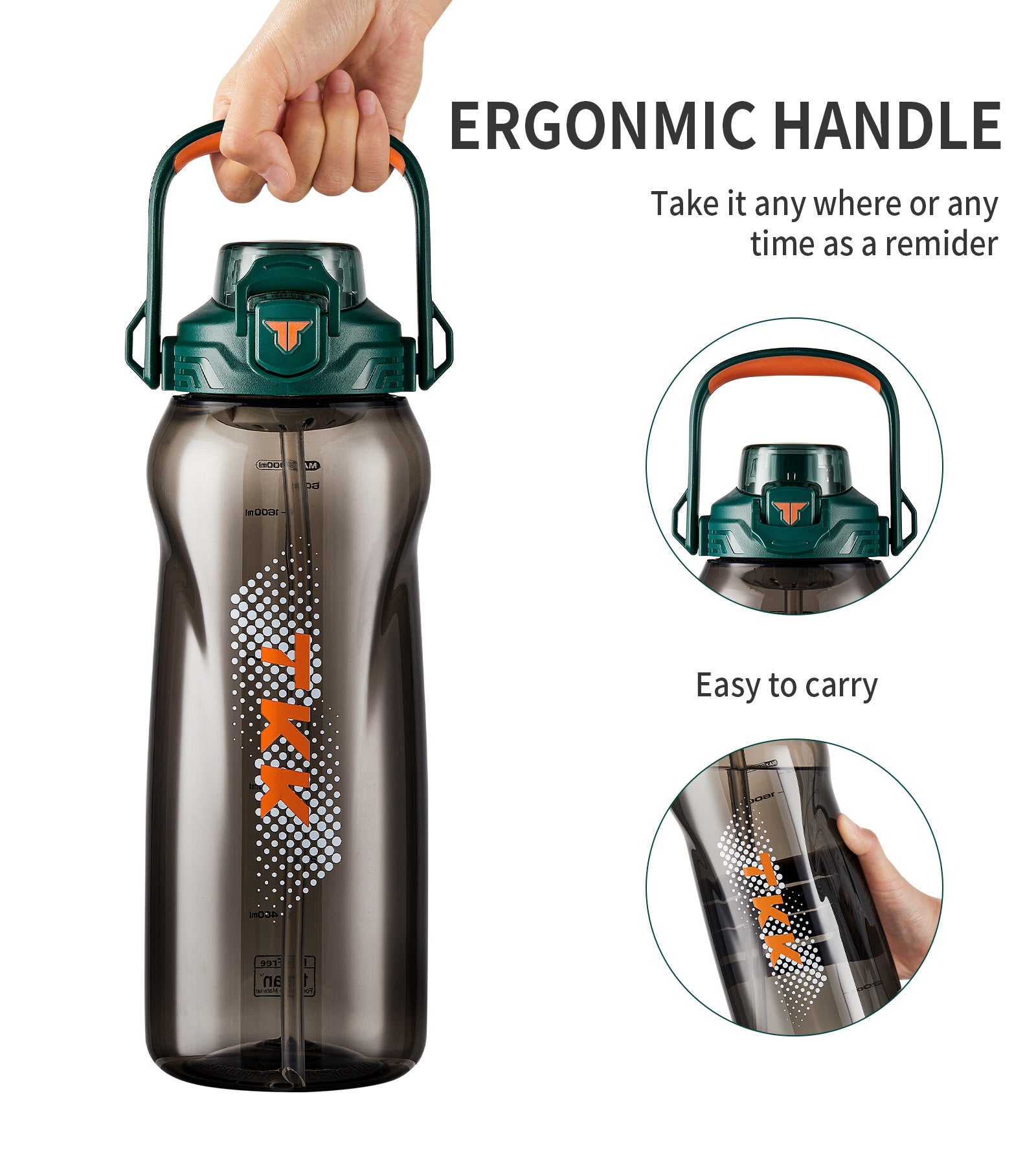 TKK Tritan 68oz Half Gallon 2000ml Water Bottle with Handle & Removable Straw, Leak-Proof, BPA Free