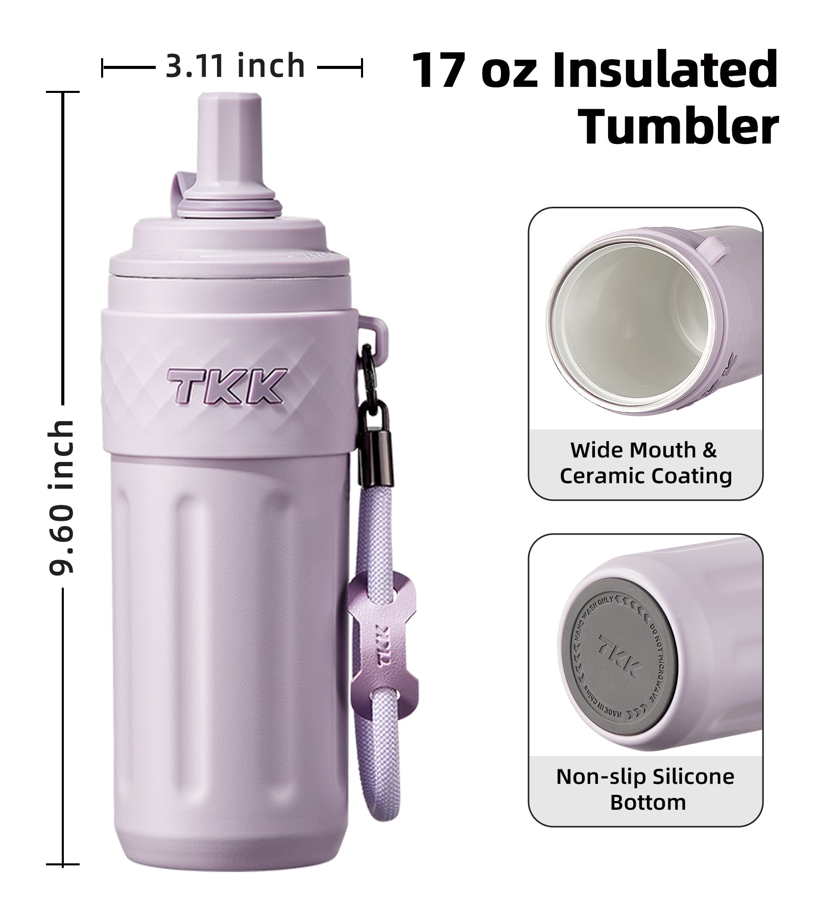 TKK 500ml Double Wall Insulated Portable GYM Water Bottles With Silicone Straw