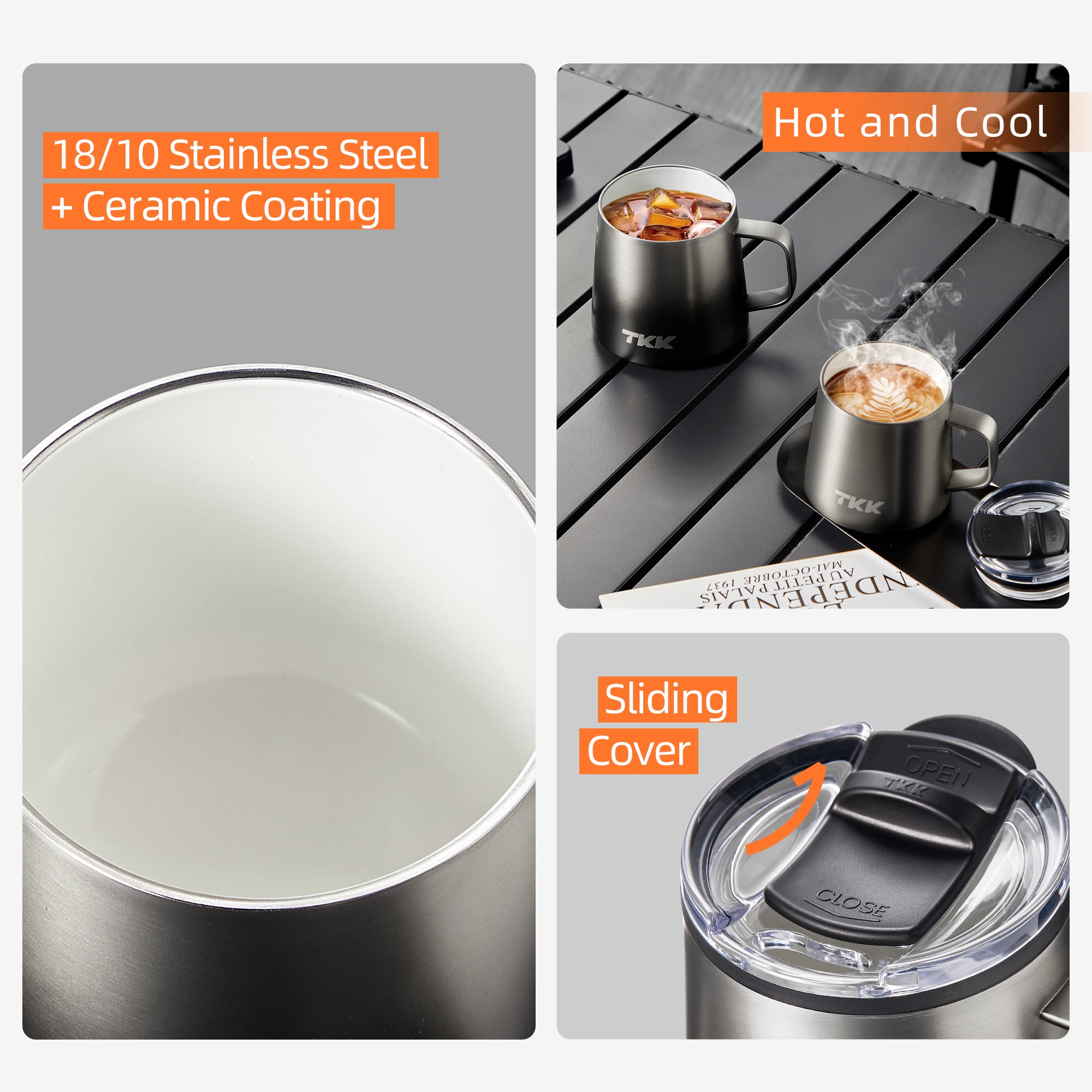 TKK 350ml Insulated Premium Coffee Mug with Ceramic Handle Coating, Detachable Slider Lid, Inner Liner Mug with Lid 316 Stainless Steel