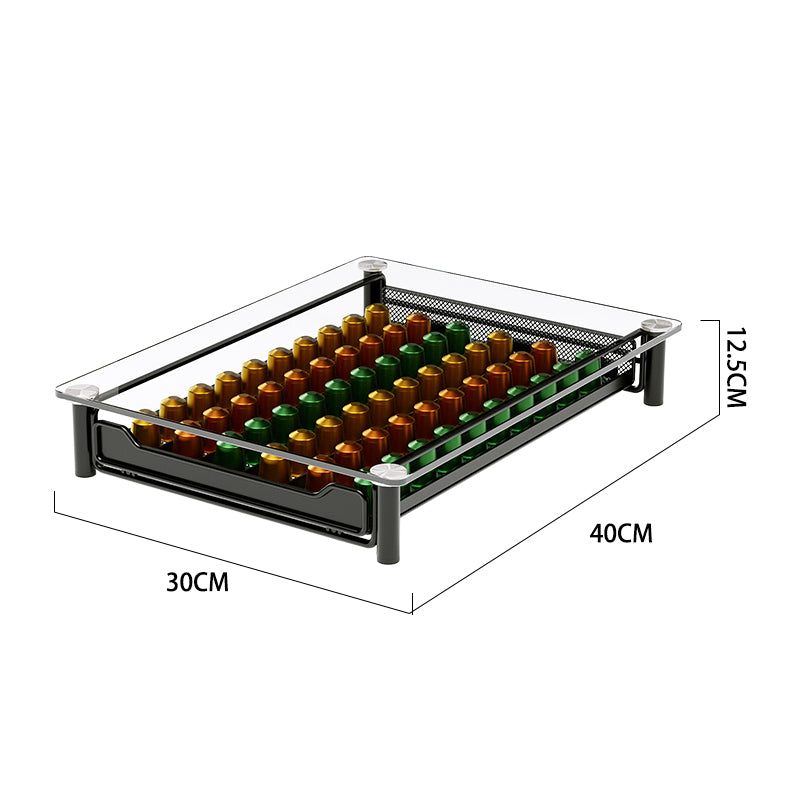Coffee Pod Crystal Tempered Glass with Drawer Holder for Nespresso Capsules : Holds 60 Capsules
