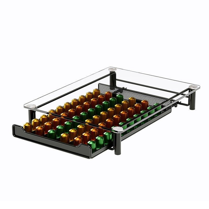 Coffee Pod Crystal Tempered Glass with Drawer Holder for Nespresso Capsules : Holds 60 Capsules