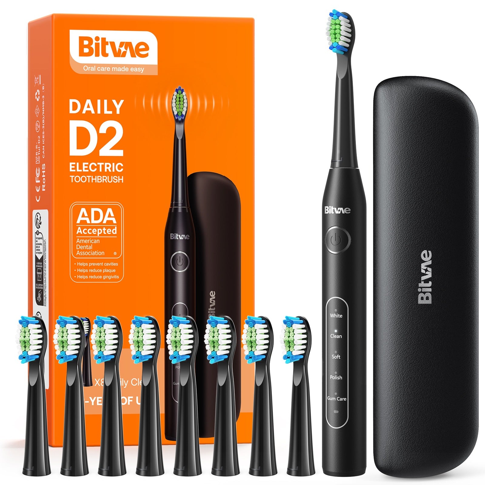 Bitvae D2 Electric Toothbrush, Ultrasonic with 8 Brush Heads, ADA Accepted