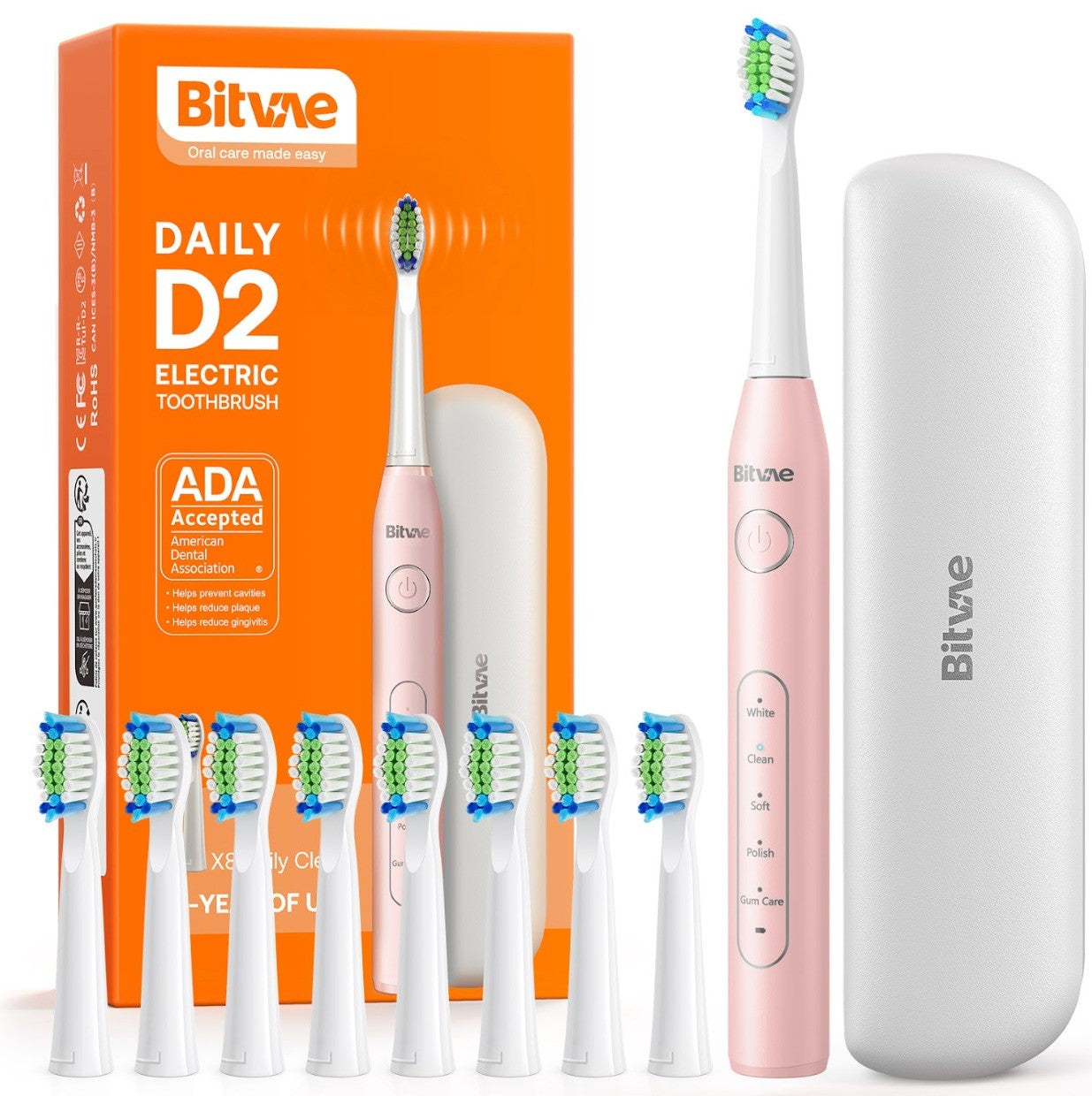 Bitvae D2 Electric Toothbrush, Ultrasonic with 8 Brush Heads, ADA Accepted