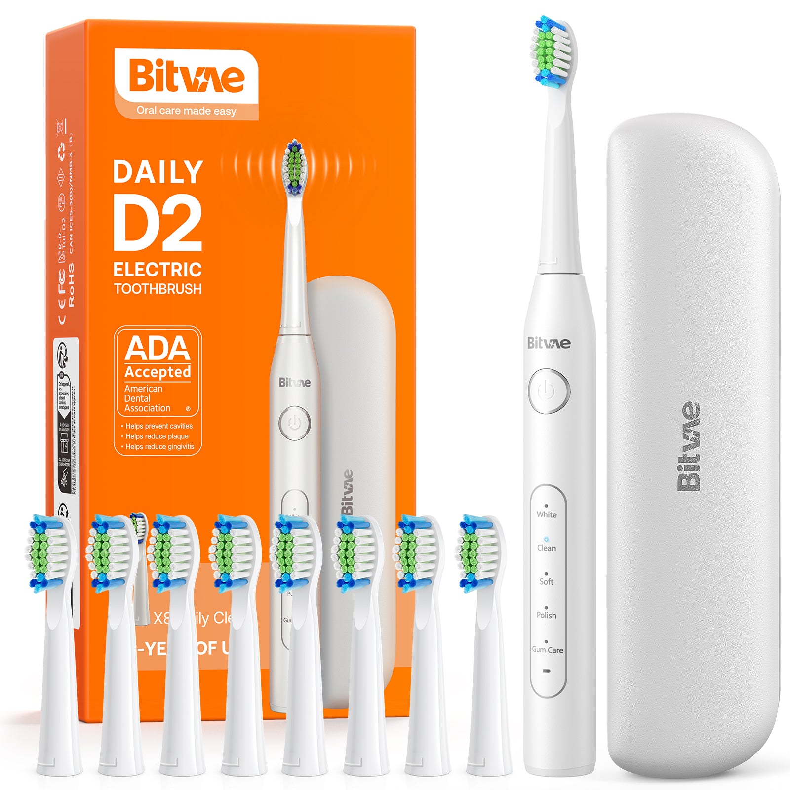 Bitvae D2 Electric Toothbrush, Ultrasonic with 8 Brush Heads, ADA Accepted