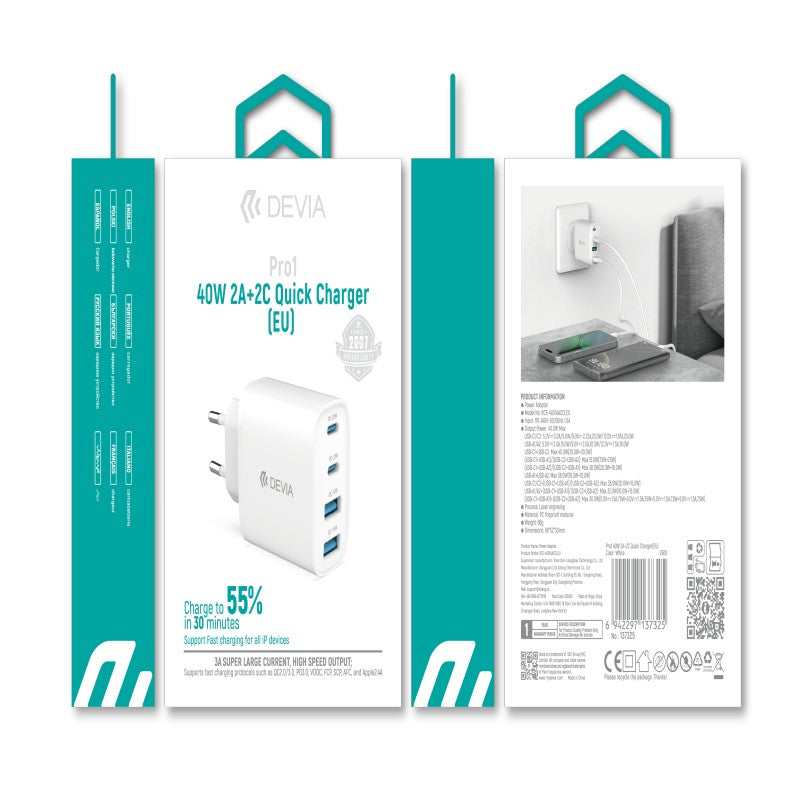 Devia Pro1 40W 2A+2C Quick Charger Adapter (EU) White