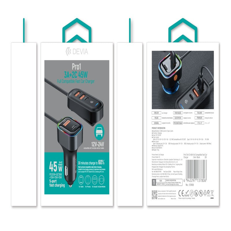 Devia Chargeur de Voiture Rapide entièrement compatible Pro1 3A+2C 45W