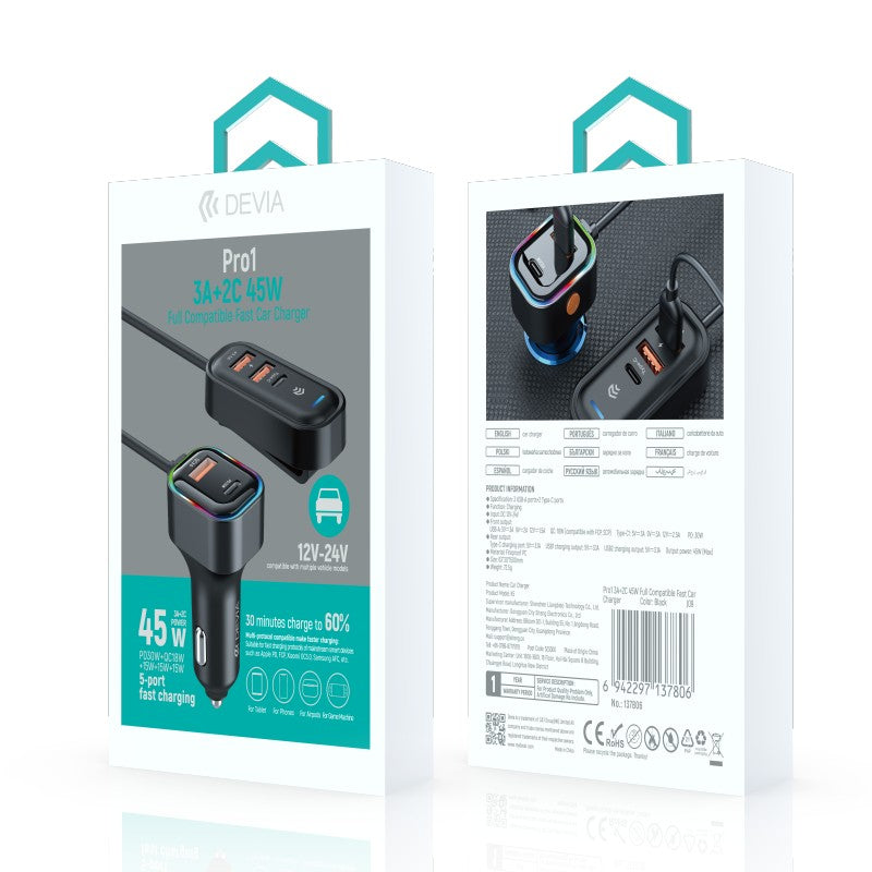 Devia Chargeur de Voiture Rapide entièrement compatible Pro1 3A+2C 45W