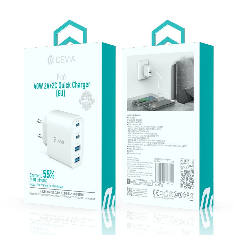 Devia Pro1 40W 2A+2C Quick Charger Adapter (EU) White