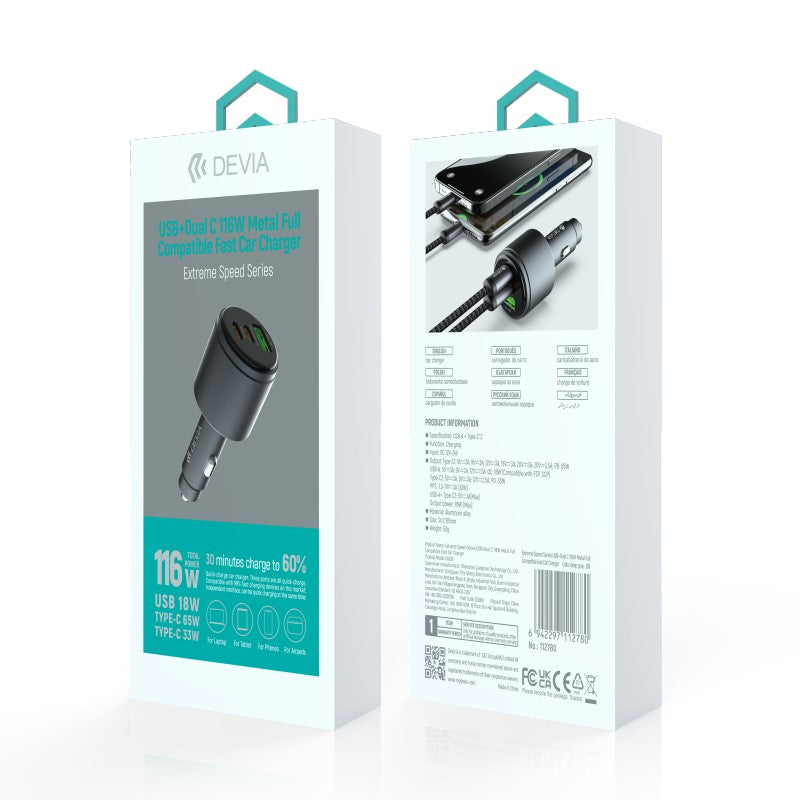Devia Chargeur de Voiture Rapide Extreme Speed Series USB + Dual C 116W en Métal, entièrement compatible, Noir