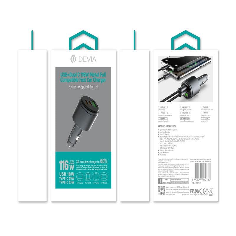 Devia Chargeur de Voiture Rapide Extreme Speed Series USB + Dual C 116W en Métal, entièrement compatible, Noir