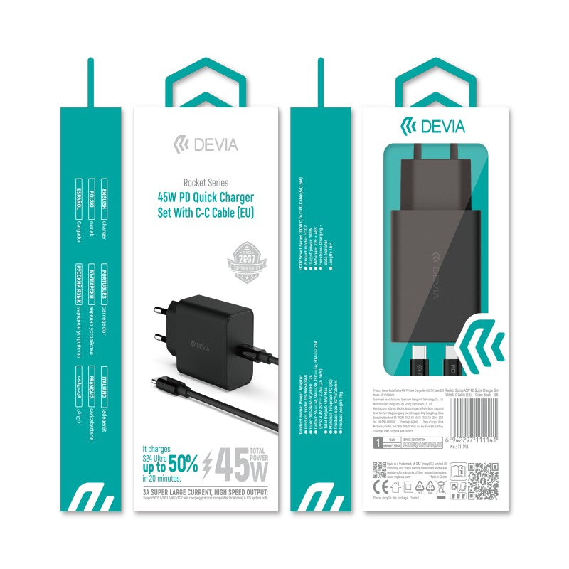 Devia Rocket Series Set 45W PD Quick Charger Adapter With C-C Cable (EU) Black