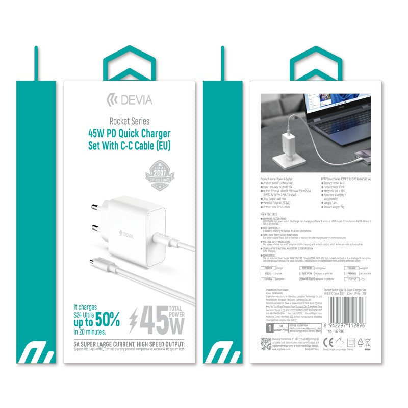 Devia Rocket Series Set 45W PD Quick Charger Adapter With C-C Cable (EU) White