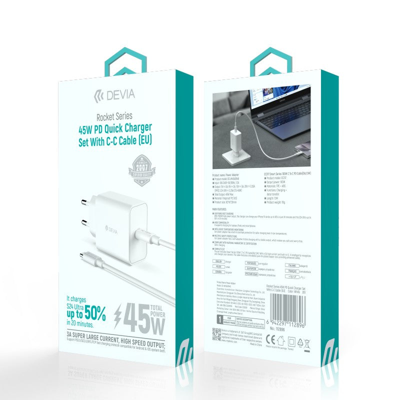 Devia Rocket Series Set 45W PD Quick Charger Adapter With C-C Cable (EU) White