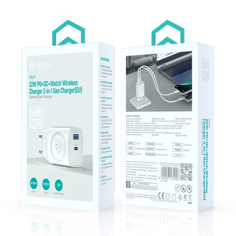 Devia Chargeur sans fil Ultra1 22W PD+QC+Watch 2 en 1 avec Adaptateur Secteur (EU) Blanc