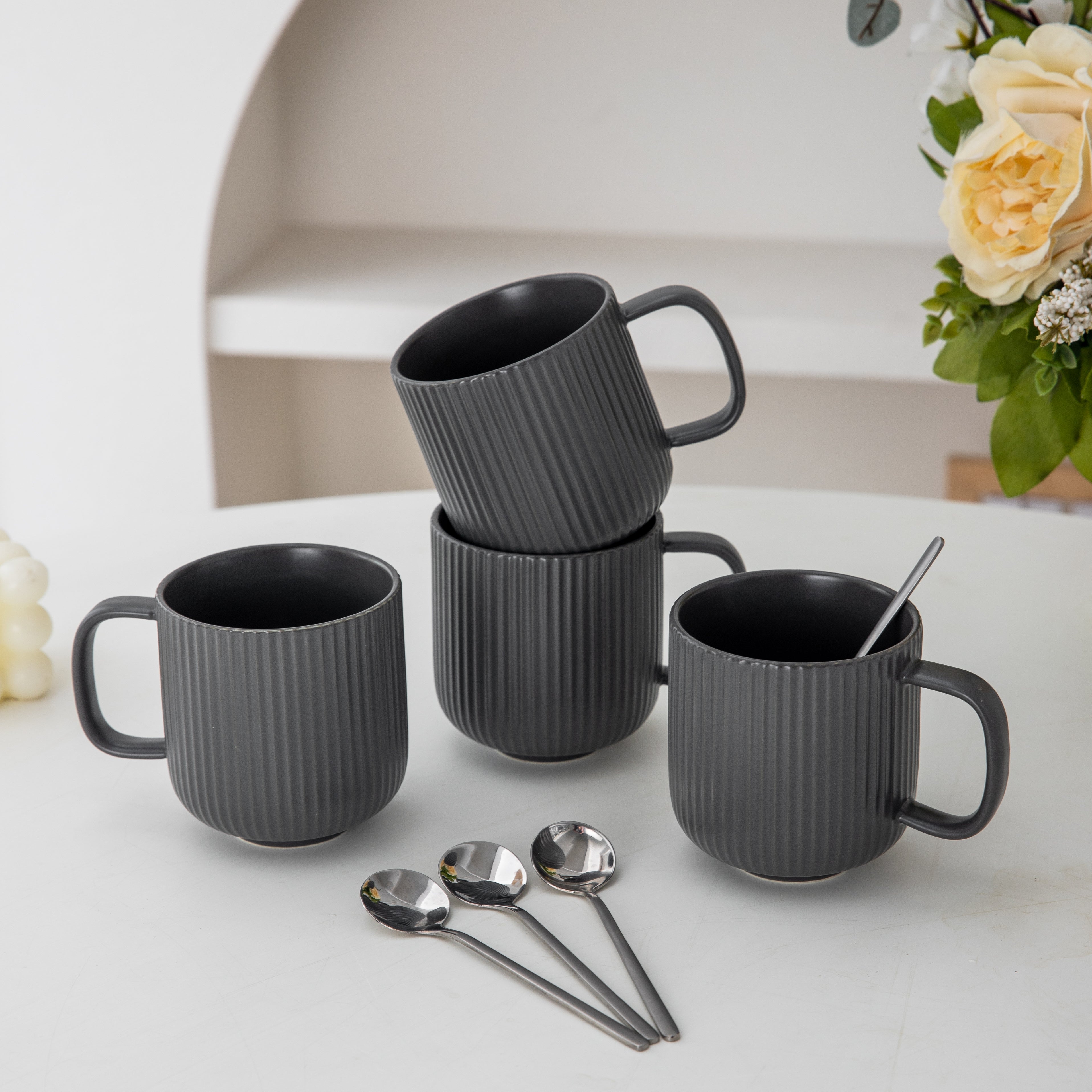 FENN Set of 4 Home drinkware round striped matte porcelain teacups ceramic coffee mug