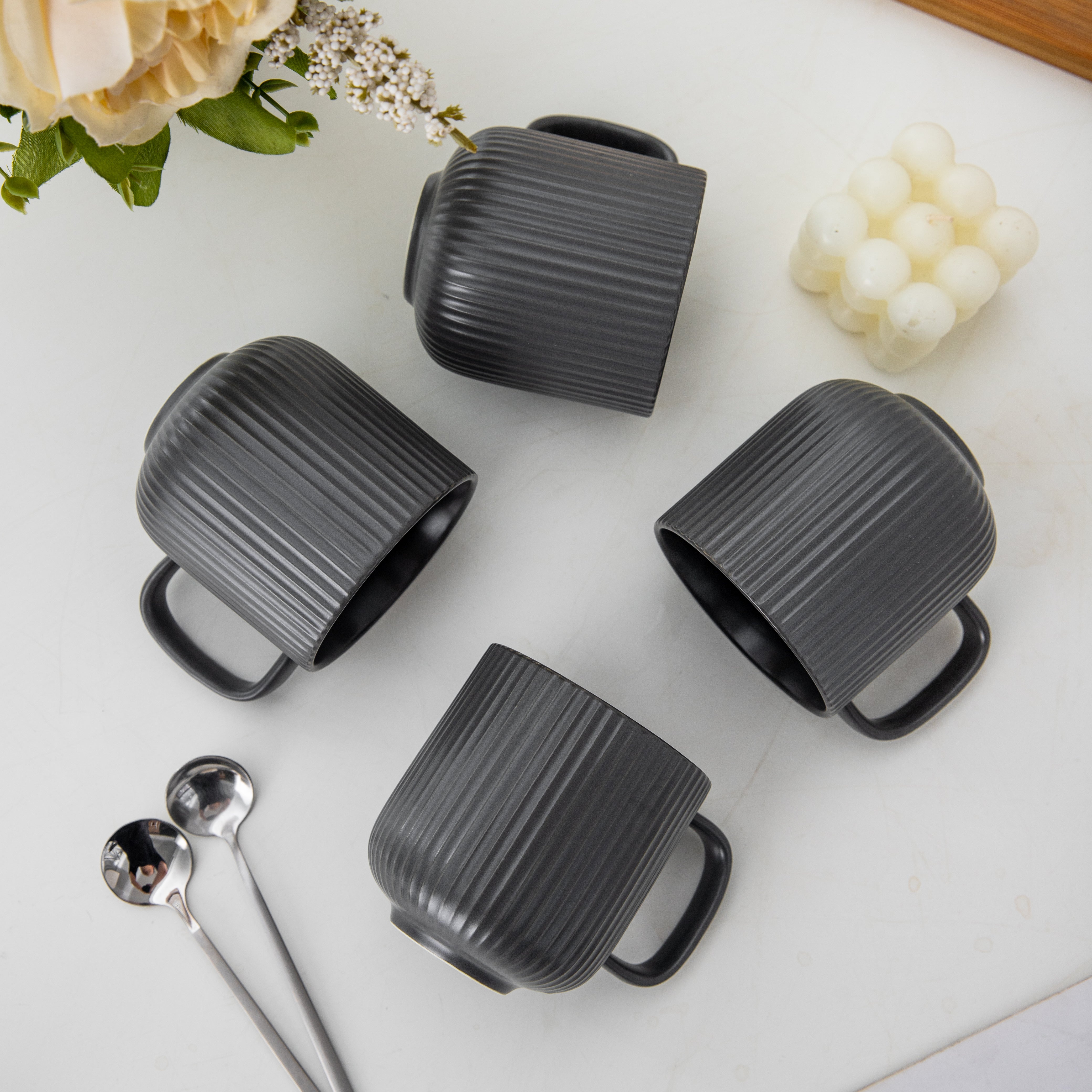 FENN Set of 4 Home drinkware round striped matte porcelain teacups ceramic coffee mug